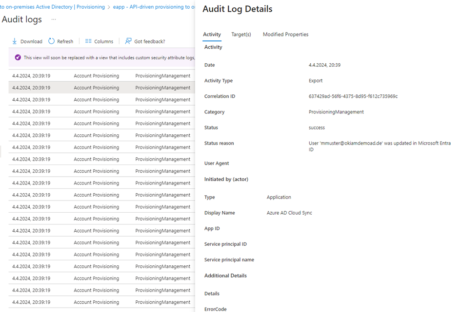 Auszug aus den Logfiles zum Anlegen einer Identität