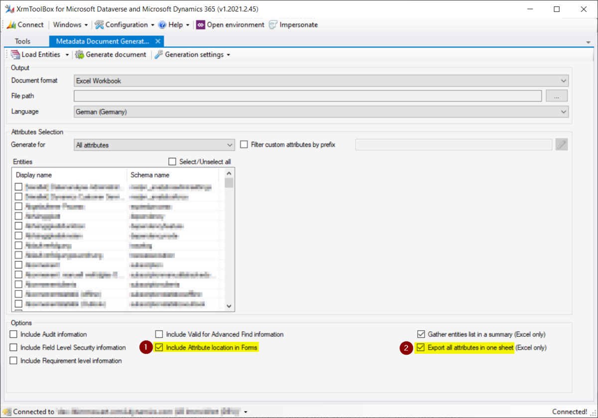 Screenshot of the Meta Data Document Generator (XrmToolBox)