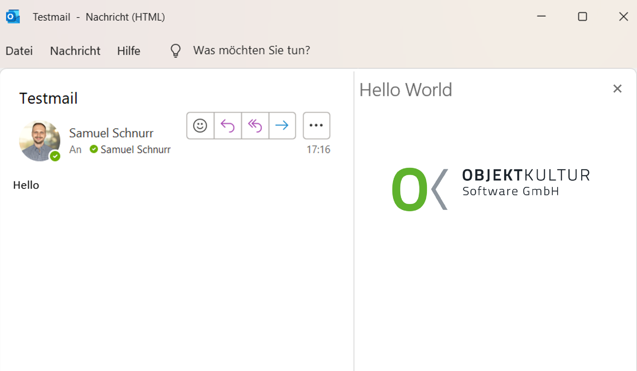 Ein Outlook Add-In der Hello World und das Logo von Objektkultur zeigt.